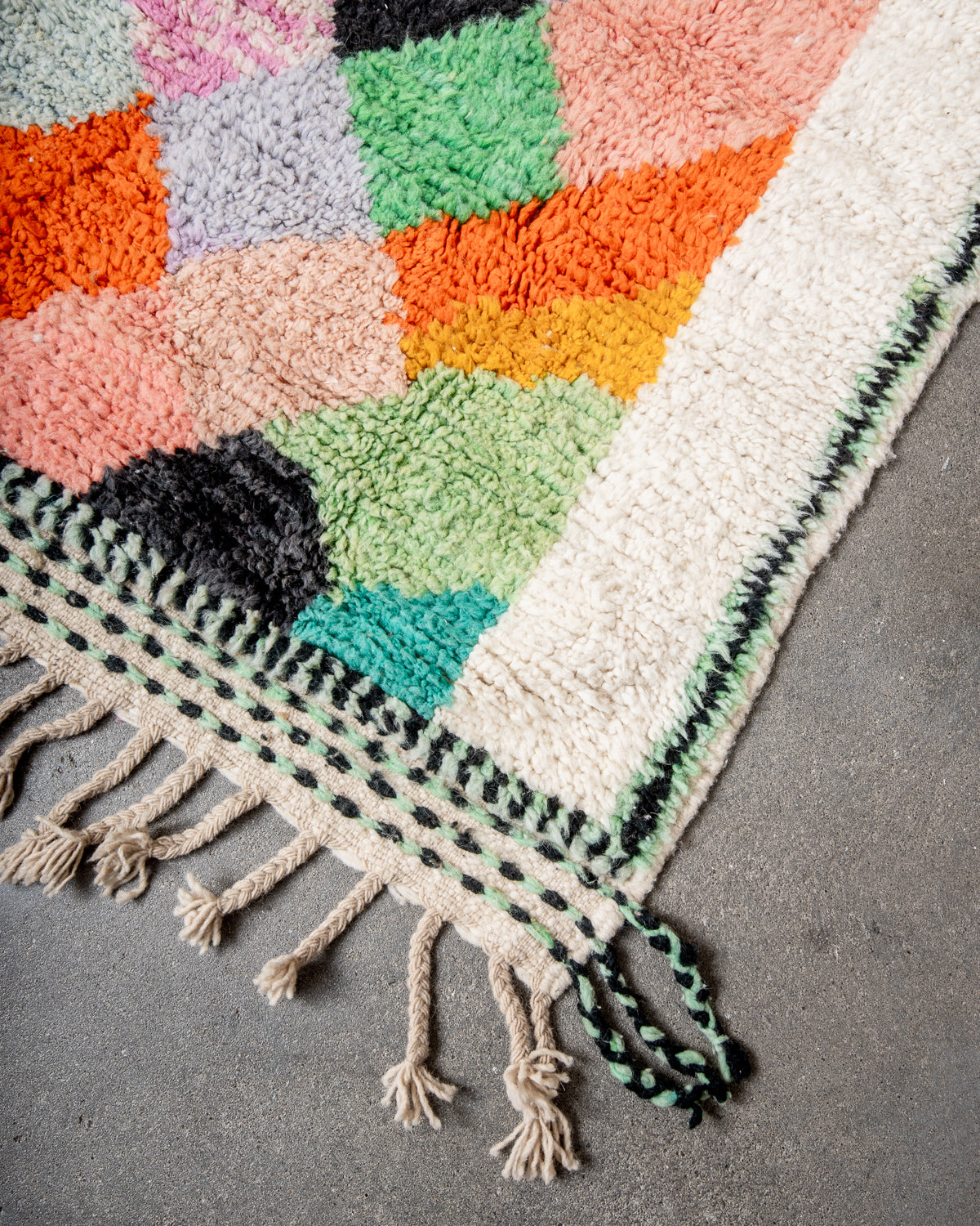 Modern, designer, handcrafted Berber rug from Morocco. Beniourain carpet with beautiful colours and patterns and fluffy wool texture.